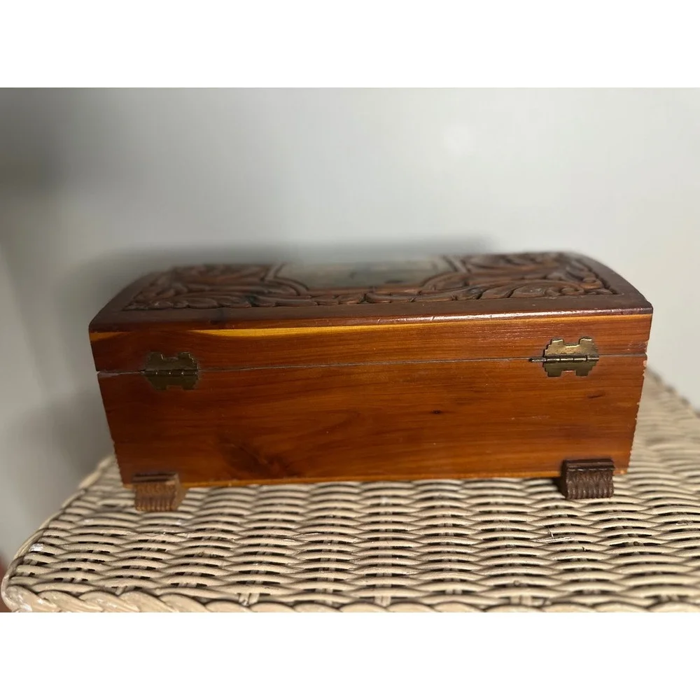 Vintage Hand Carved Cedar Wood Jewelry Box etched Mirror Windmill Footed 50s